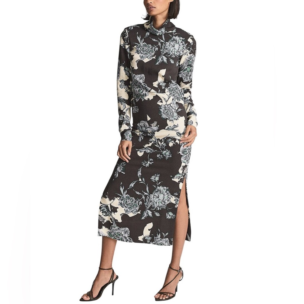 REISS Theresa Floral Print Long Sleeve Midi Dress In Blue size US 6 NWT